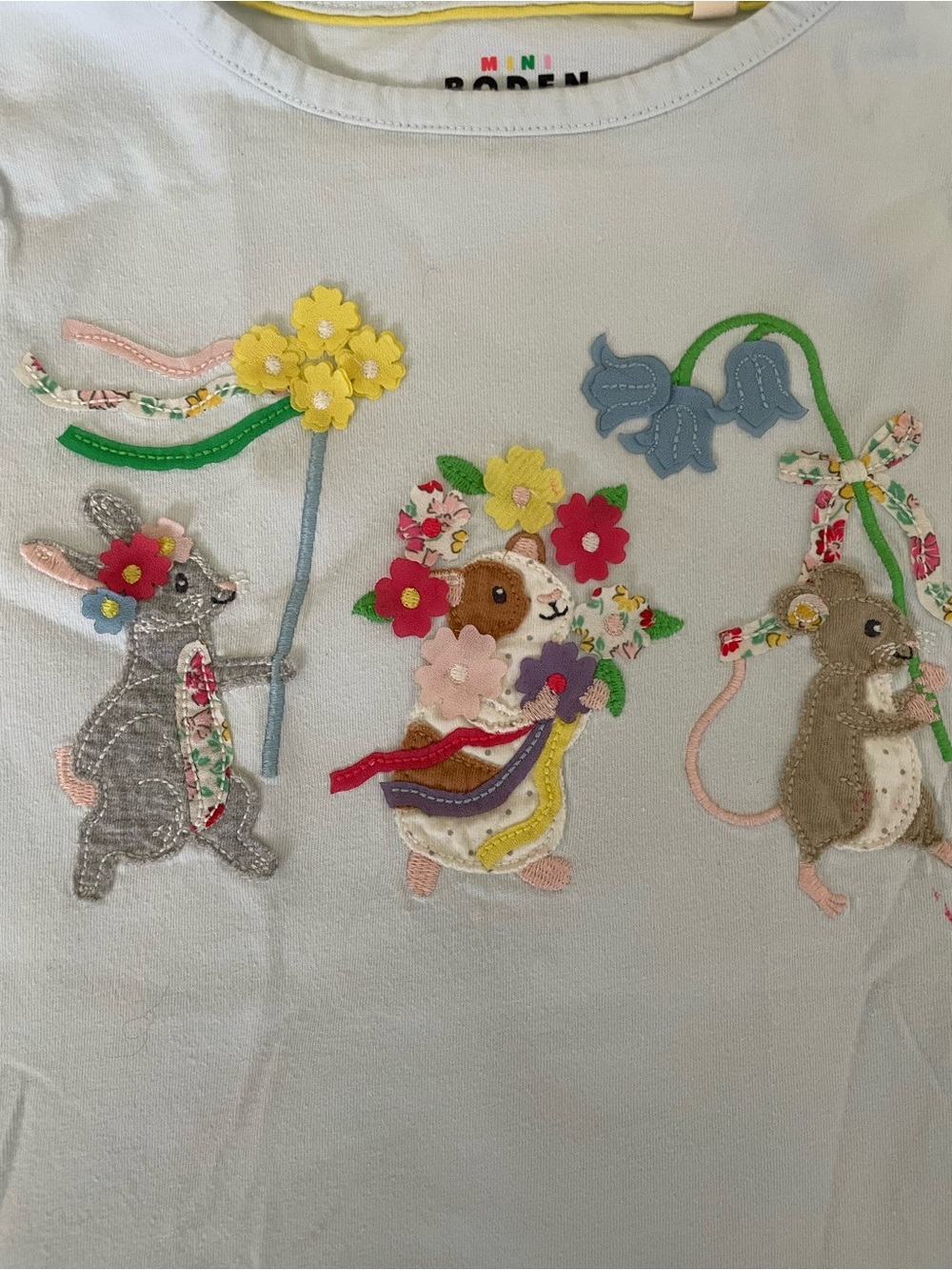 Mini Boden Light Blue Tee with Colorful Bunny and Mouse Appliqués - Picture 2 of 4
